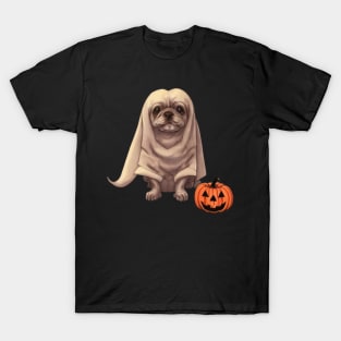 Spooky Halloween Ghost Puppy Fluffy French Bulldog Puppy with Pumpkin T-Shirt